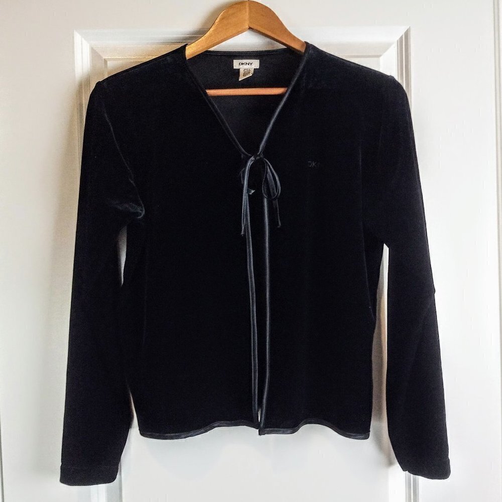 DKNY Girls Black Velvet Satin Trim Tie-Front Cardigan